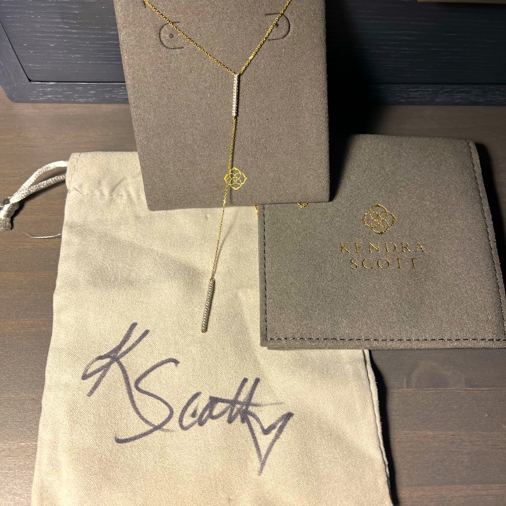 Rare Kendra Scott Remington diamond and 14kt gold Y necklace with signed bag
